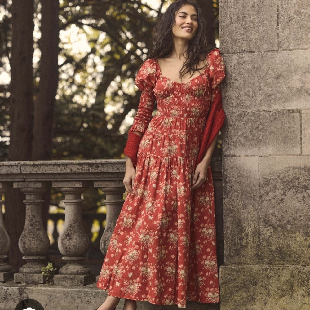 Chic Red Floral Long Sleeve Dress